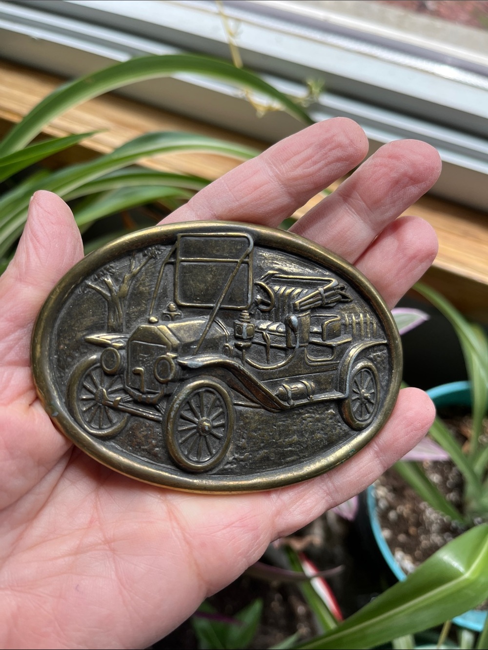 Vtg 70s/80s  AVON Ford Model T Belt Oval Buckle Brass Tone 3D Raised Relief